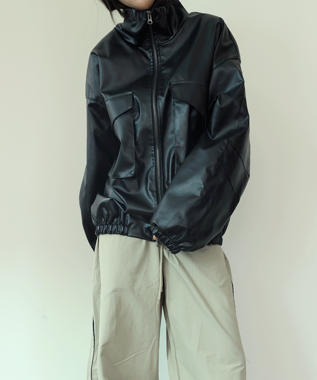 남자 여성 오버핏 레더 스트링 자켓 - 2 colors